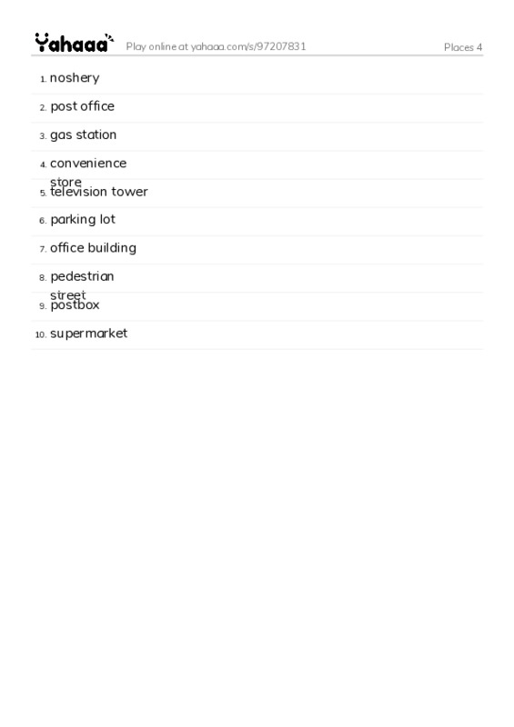 Word list with meanings worksheet for Places 4