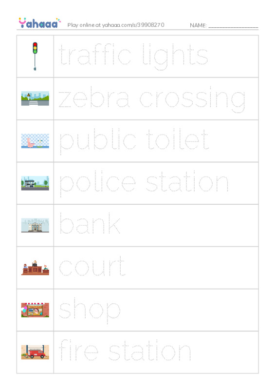 Picture and word rows worksheet for Places 3