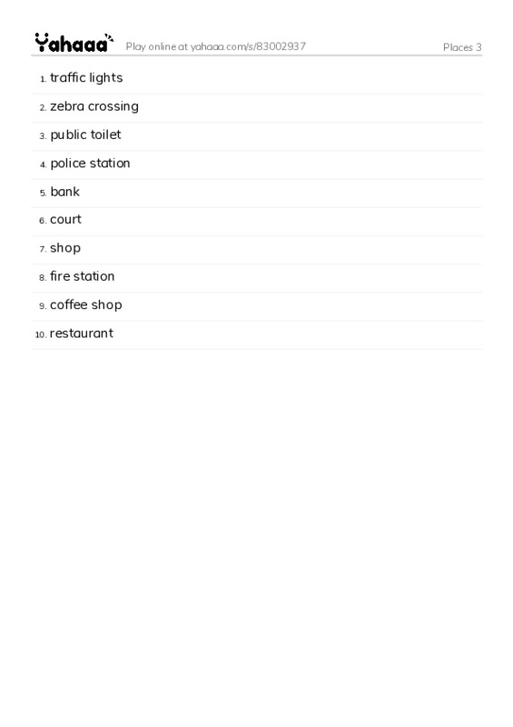 Word list with meanings worksheet for Places 3