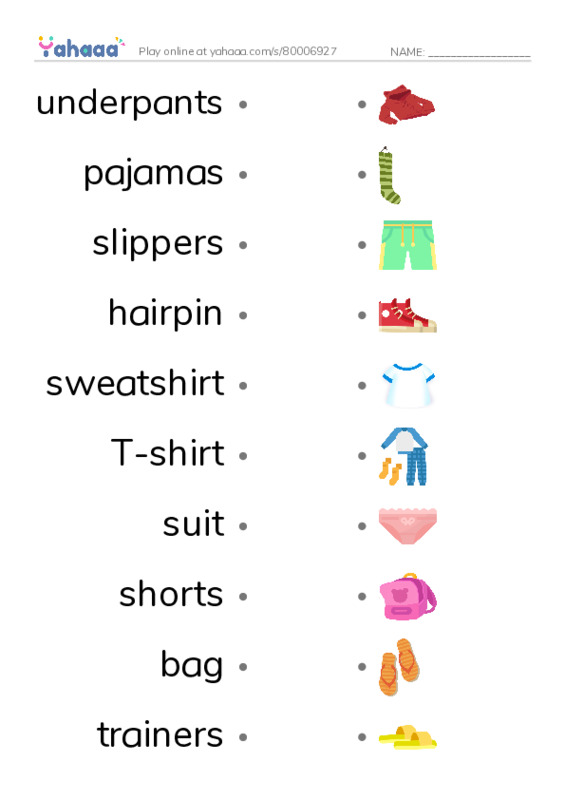 Draw a line to match worksheet for Clothes and Accessories 2