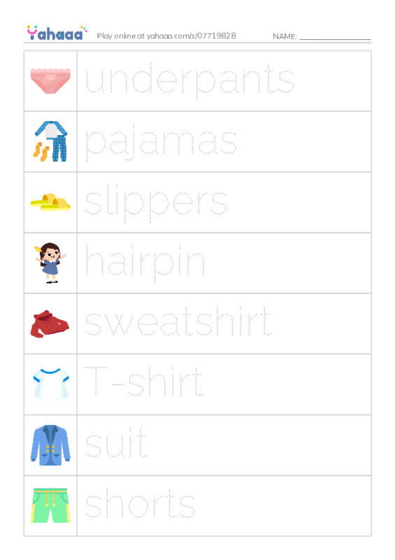 Picture and word rows worksheet for Clothes and Accessories 2