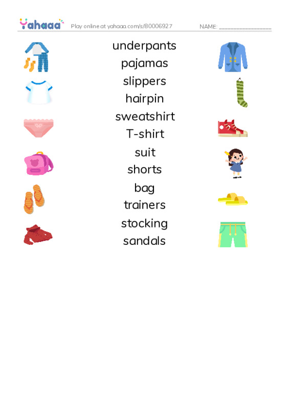 Match both sides worksheet for Clothes and Accessories 2