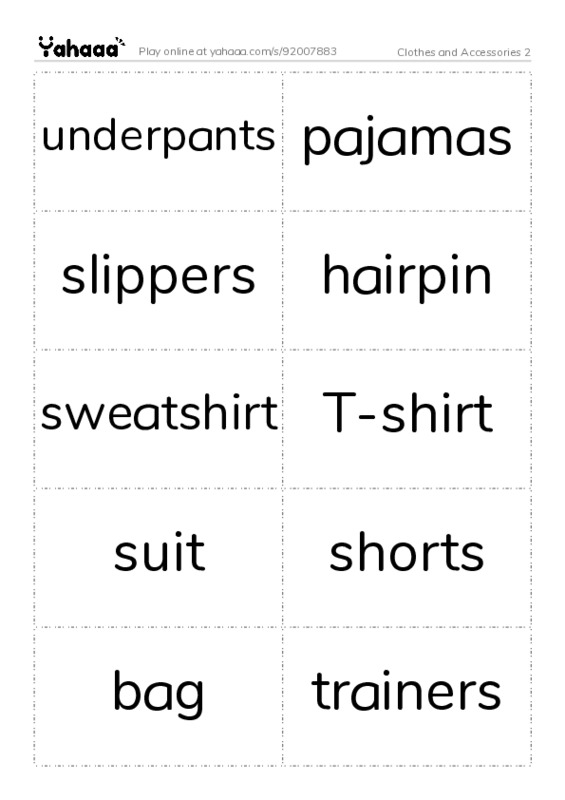 Word flashcards worksheet for Clothes and Accessories 2