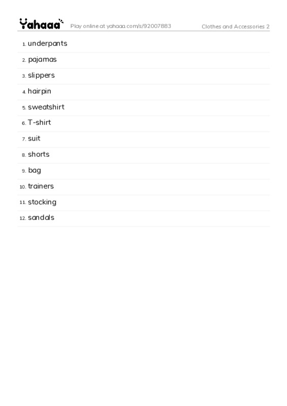 Word list with meanings worksheet for Clothes and Accessories 2