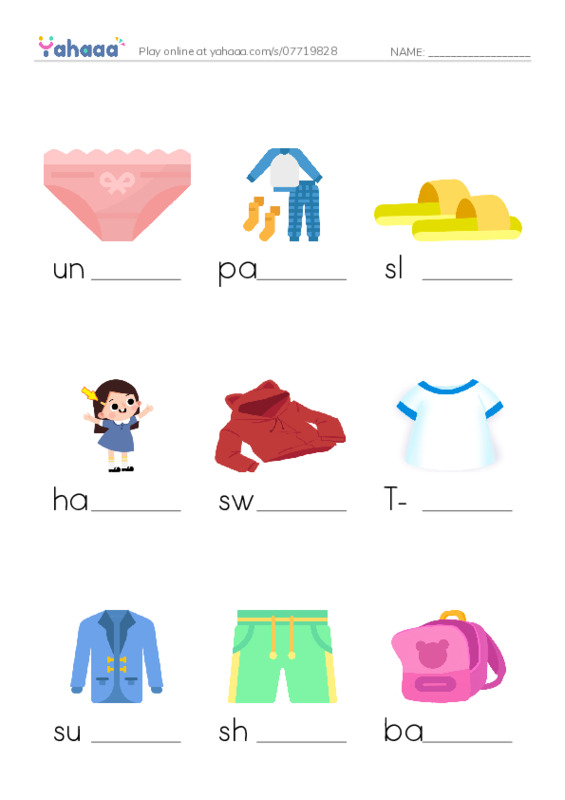 Finish the word worksheet for Clothes and Accessories 2