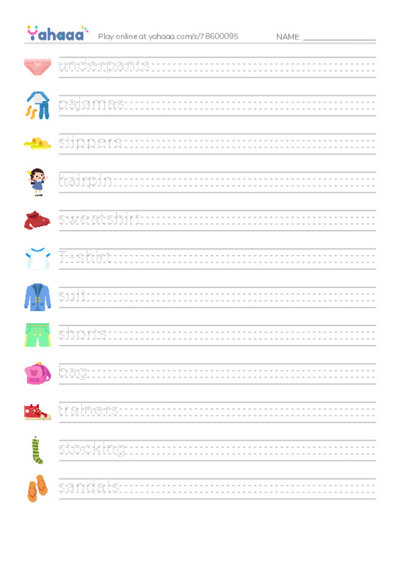 Handwriting lines worksheet for Clothes and Accessories 2