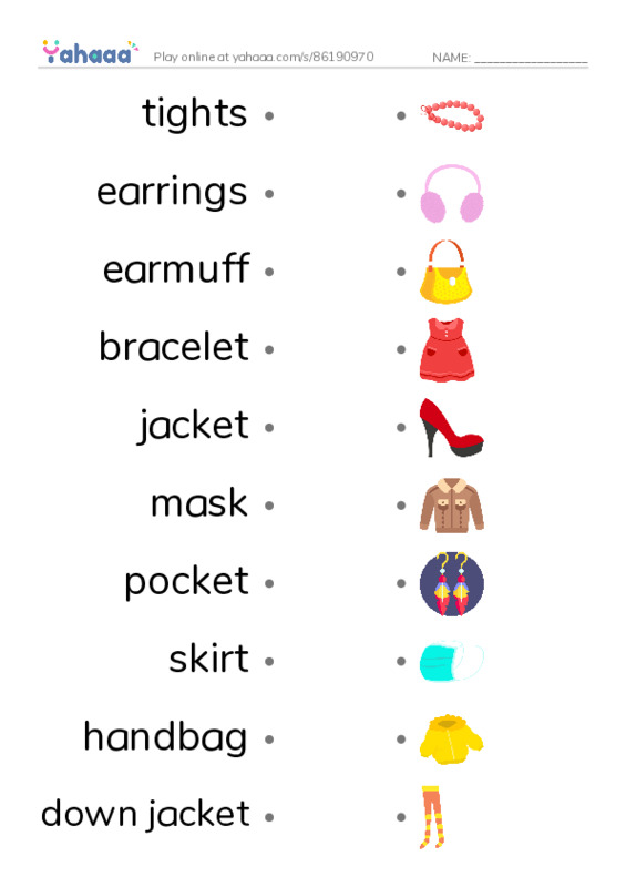 Draw a line to match worksheet for Clothes and Accessories 3