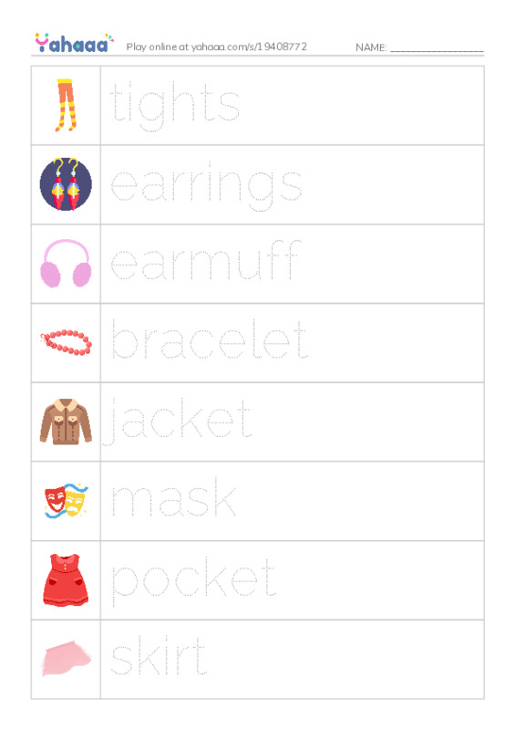 Picture and word rows worksheet for Clothes and Accessories 3