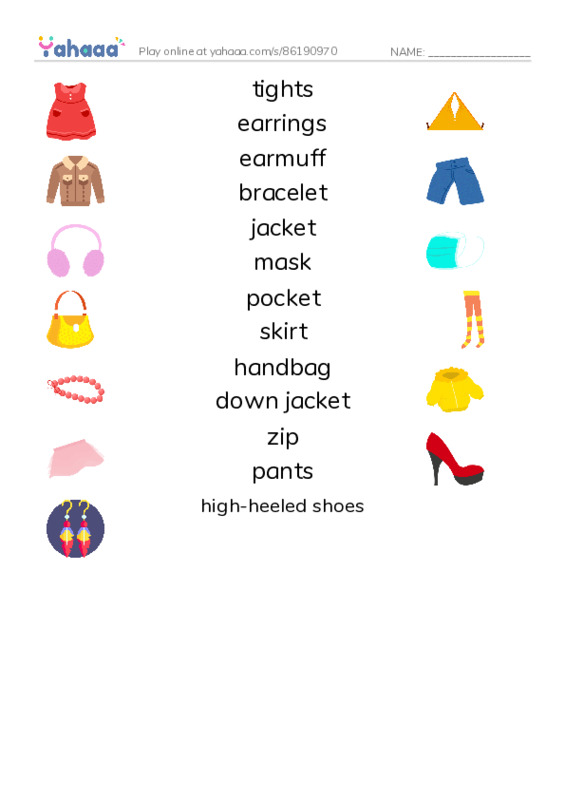 Match both sides worksheet for Clothes and Accessories 3