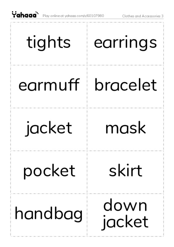 Word flashcards worksheet for Clothes and Accessories 3