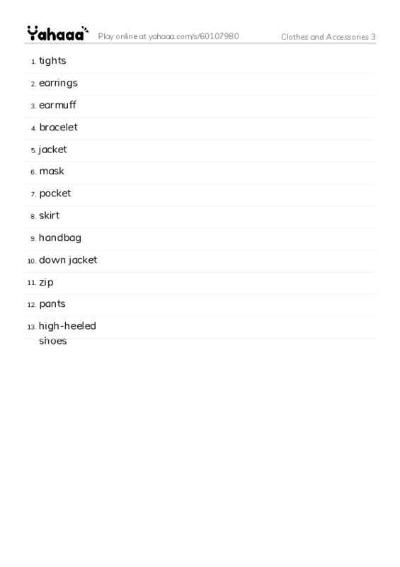 Word list with meanings worksheet for Clothes and Accessories 3