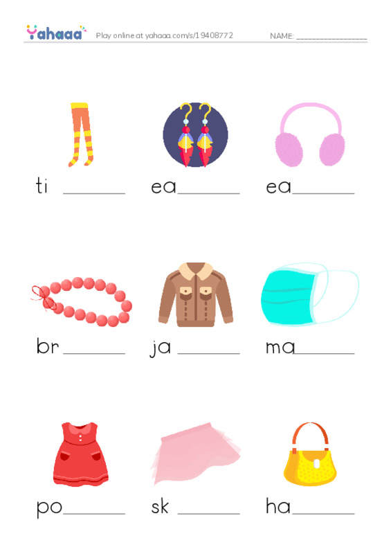 Finish the word worksheet for Clothes and Accessories 3