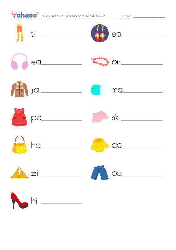 Write the word rows worksheet for Clothes and Accessories 3