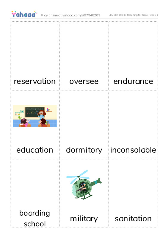 Picture flashcards worksheet for 4A CET Unit 6: Reaching for Goals, week 1