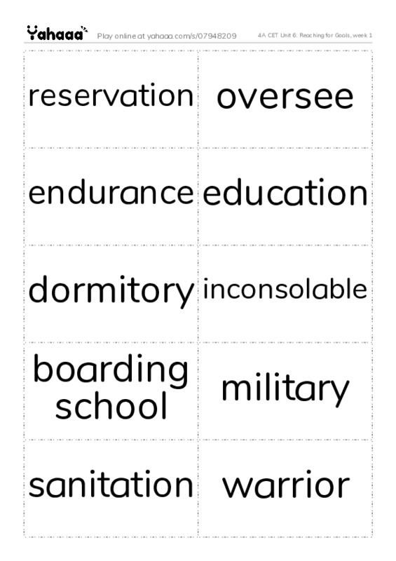 Word flashcards worksheet for 4A CET Unit 6: Reaching for Goals, week 1