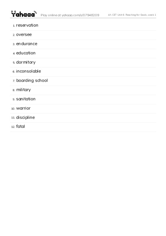 Word list with meanings worksheet for 4A CET Unit 6: Reaching for Goals, week 1