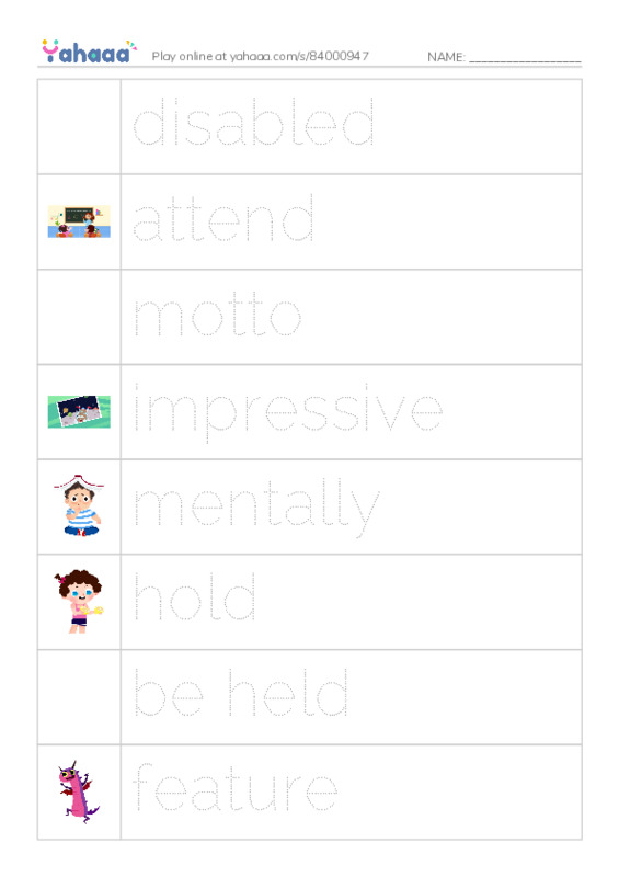 Picture and word rows worksheet for 4A CET Unit 6: Reaching for Goals, week 4