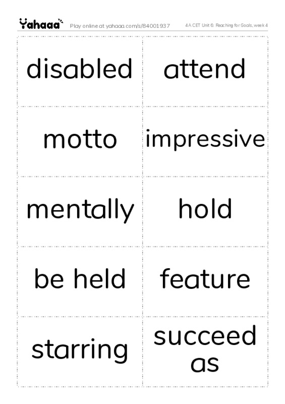 Word flashcards worksheet for 4A CET Unit 6: Reaching for Goals, week 4