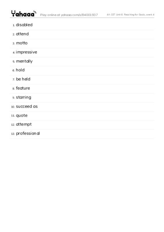 Word list with meanings worksheet for 4A CET Unit 6: Reaching for Goals, week 4