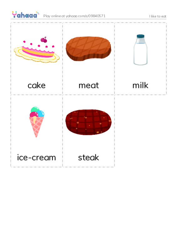 Picture flashcards worksheet for I like to eat