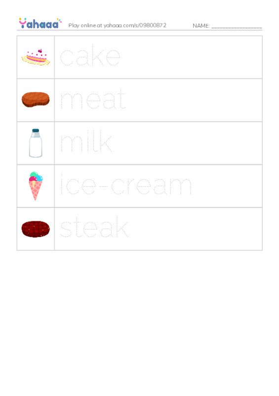 Picture and word rows worksheet for I like to eat