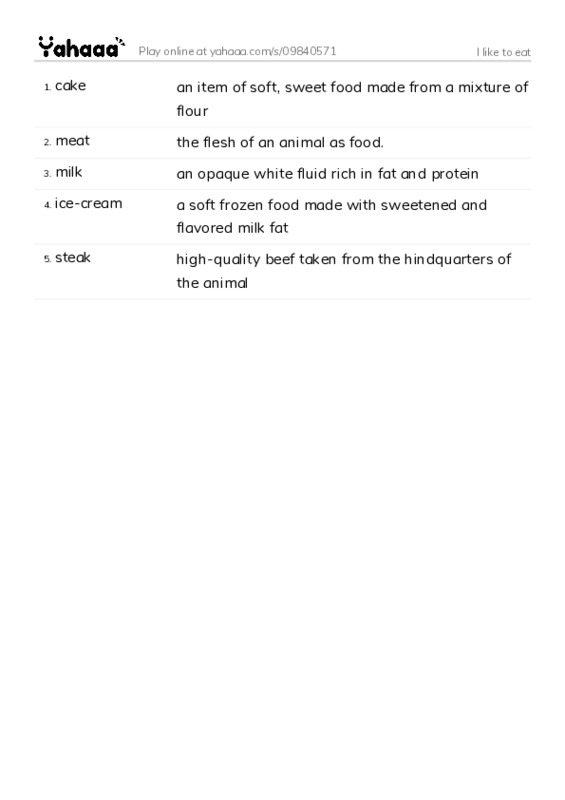 Word list with meanings worksheet for I like to eat