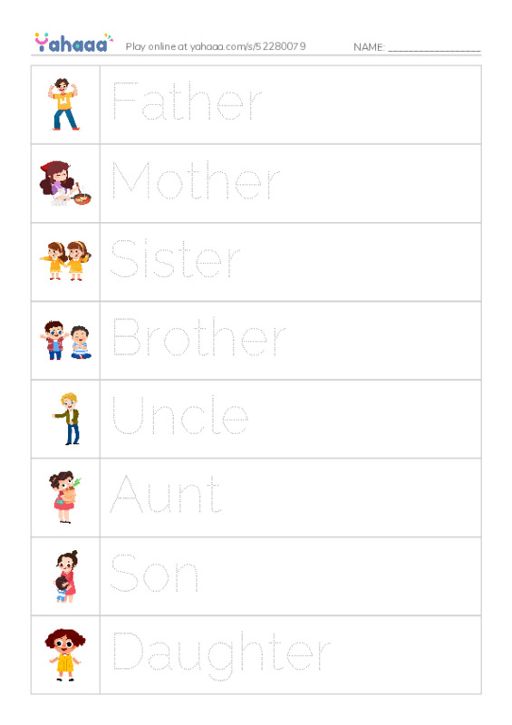 Picture and word rows worksheet for My family