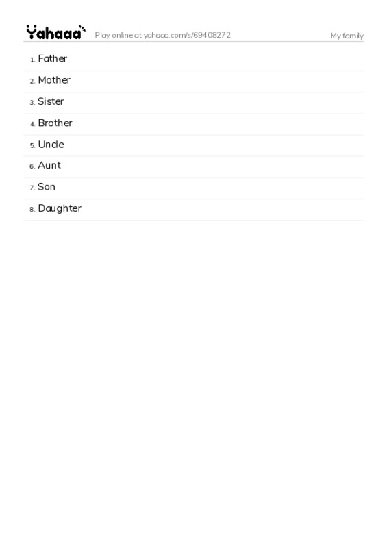 Word list with meanings worksheet for My family