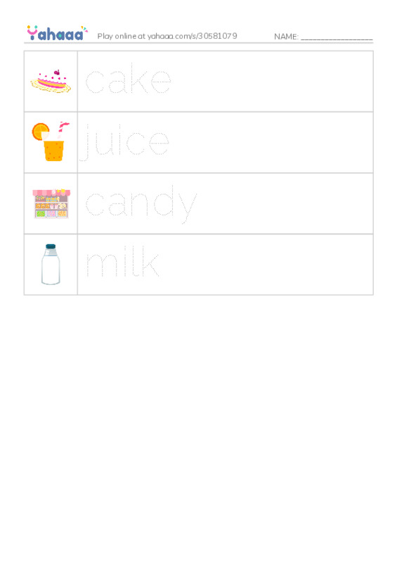 Picture and word rows worksheet for Food Monster