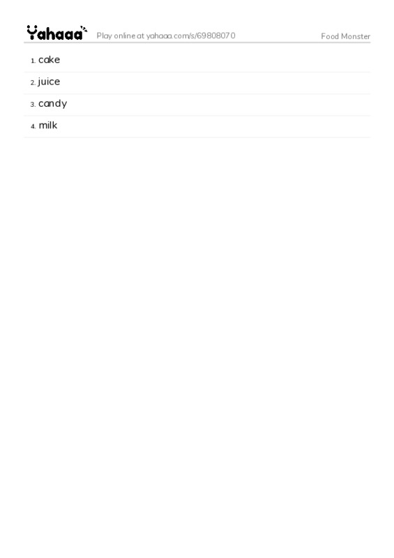 Word list with meanings worksheet for Food Monster