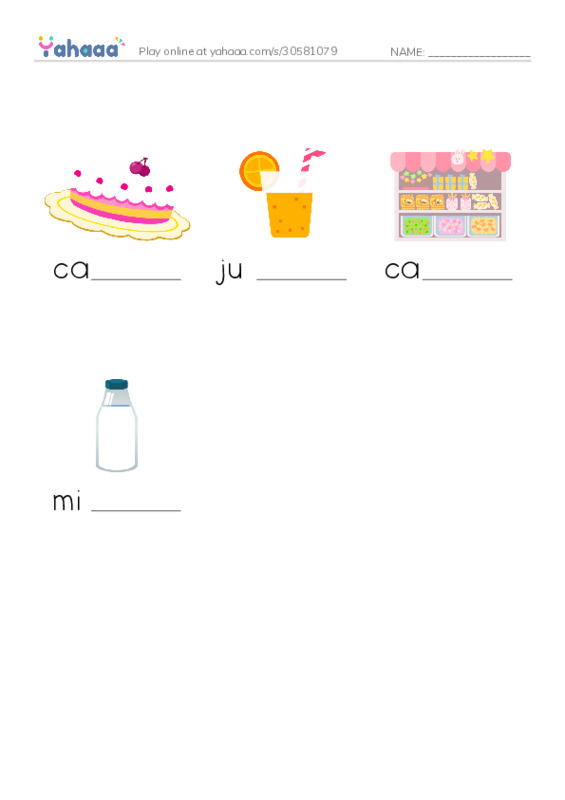 Finish the word worksheet for Food Monster