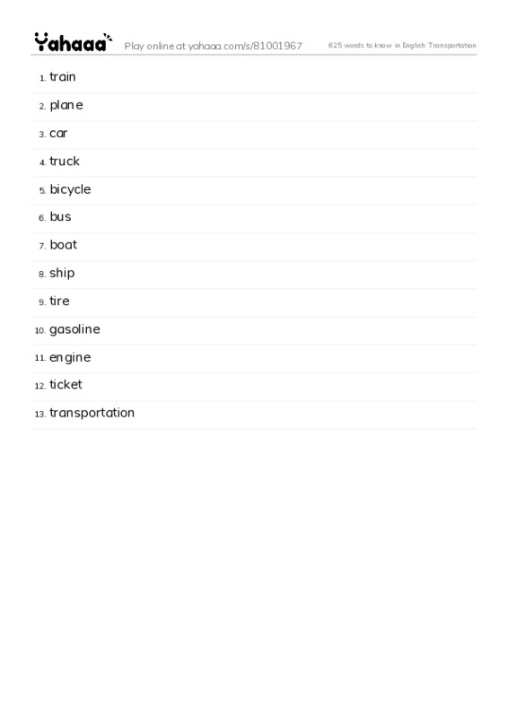 625 words to know in English: Transportation PDF words glossary