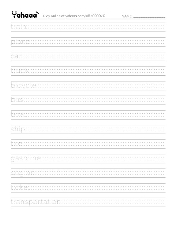 625 words to know in English: Transportation PDF write between the lines worksheet