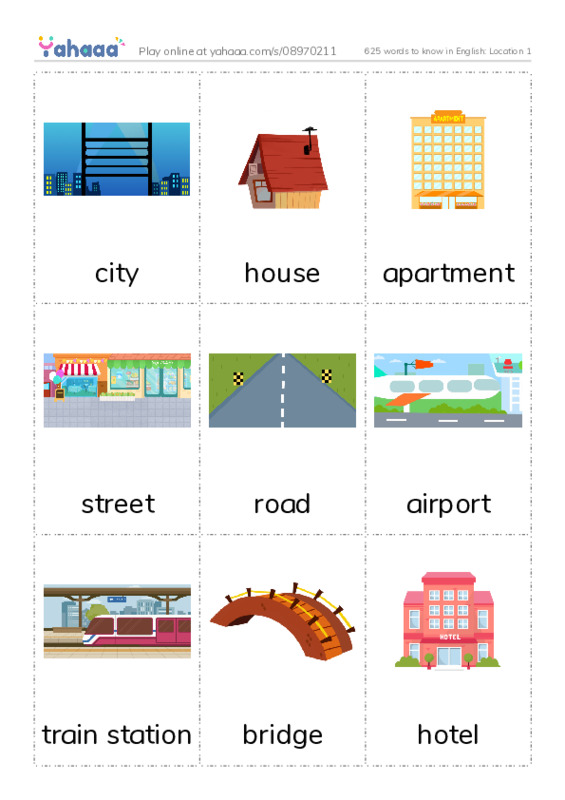 625 words to know in English: Location 1 PDF flaschards with images