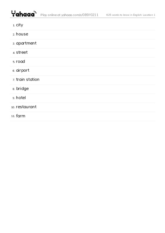 625 words to know in English: Location 1 PDF words glossary