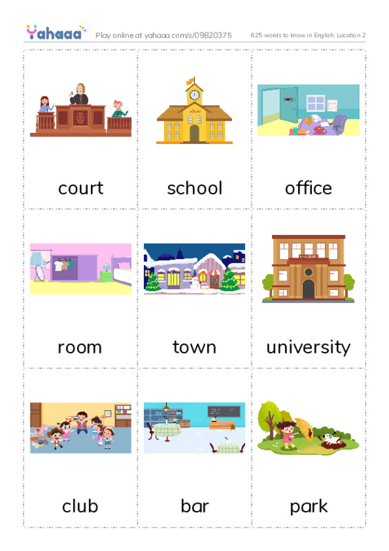 625 words to know in English: Location 2 PDF flaschards with images