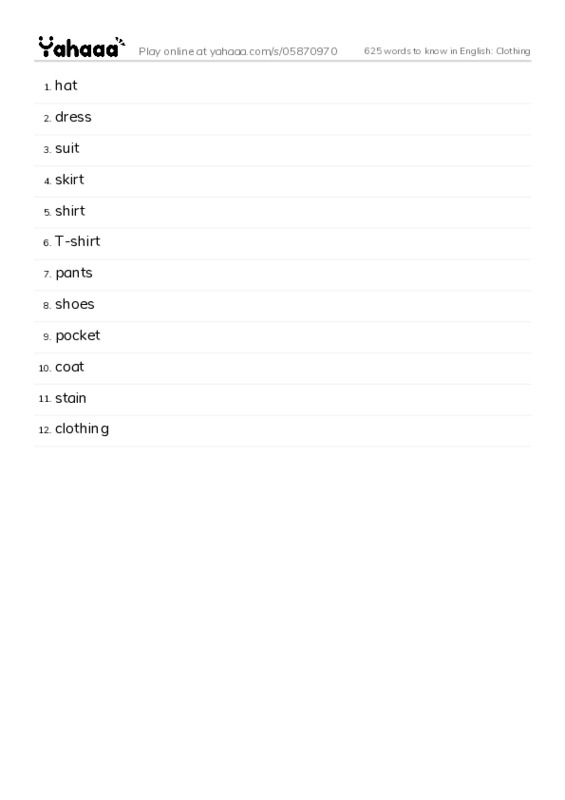 625 words to know in English: Clothing PDF words glossary