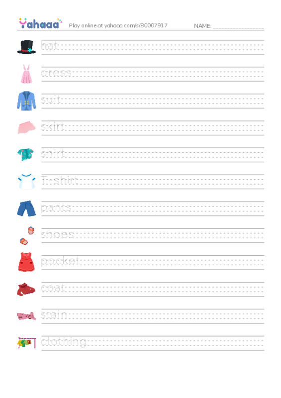 625 words to know in English: Clothing PDF write between the lines worksheet