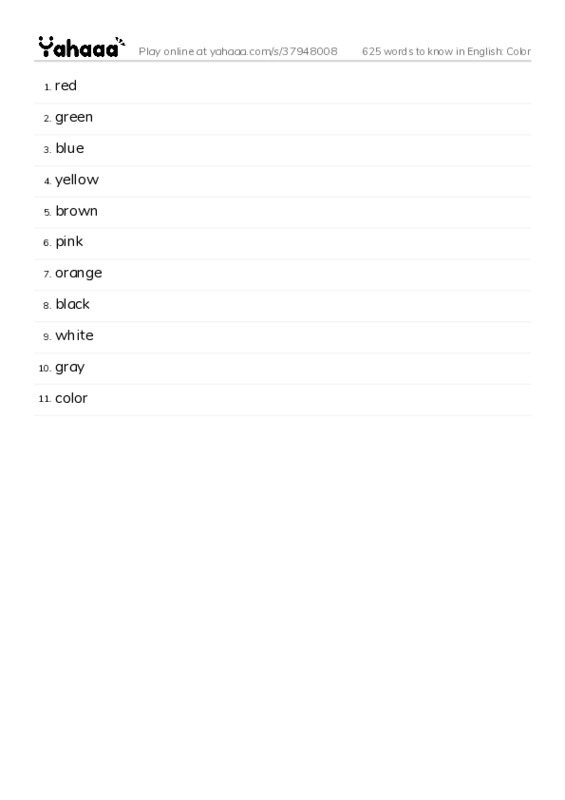 625 words to know in English: Color PDF words glossary