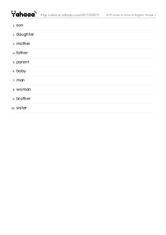 625 words to know in English: People 1 PDF words glossary