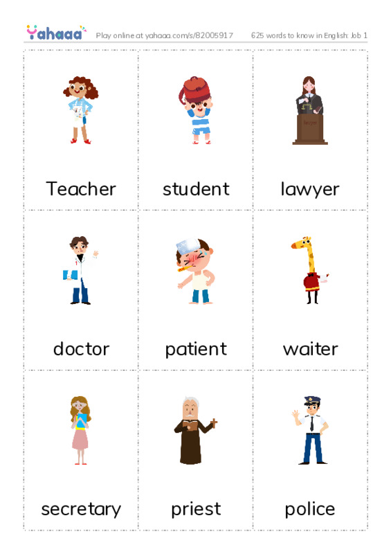 625 words to know in English: Job 1 PDF flaschards with images