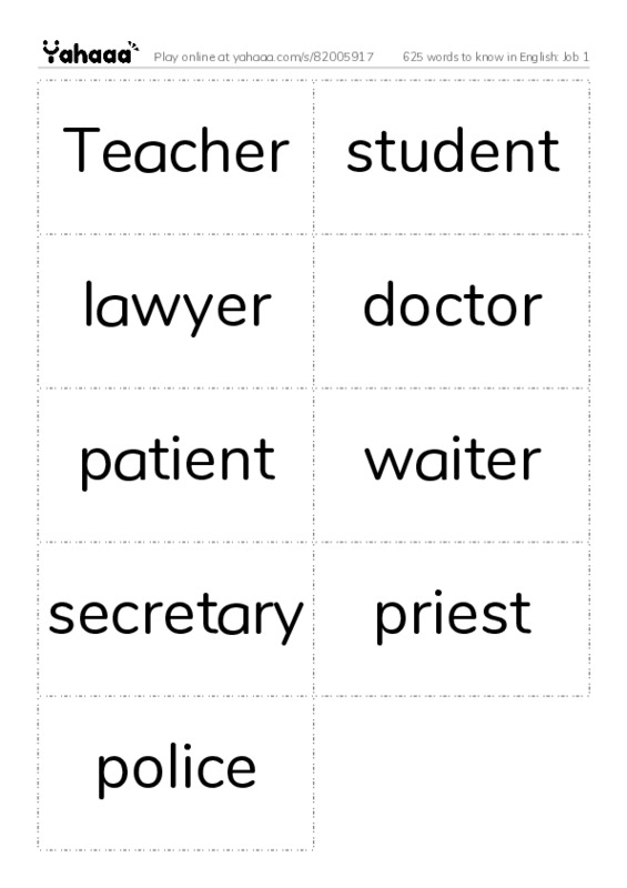 625 words to know in English: Job 1 PDF two columns flashcards