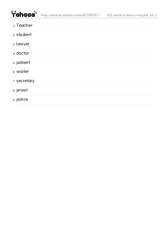 625 words to know in English: Job 1 PDF words glossary