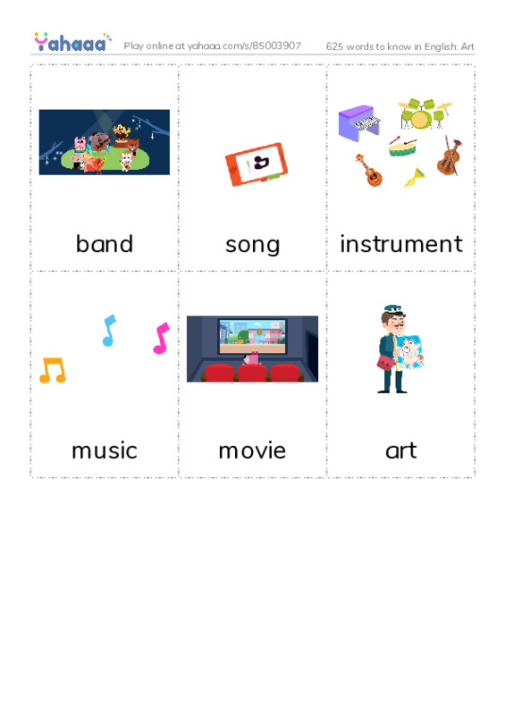 625 words to know in English: Art PDF flaschards with images