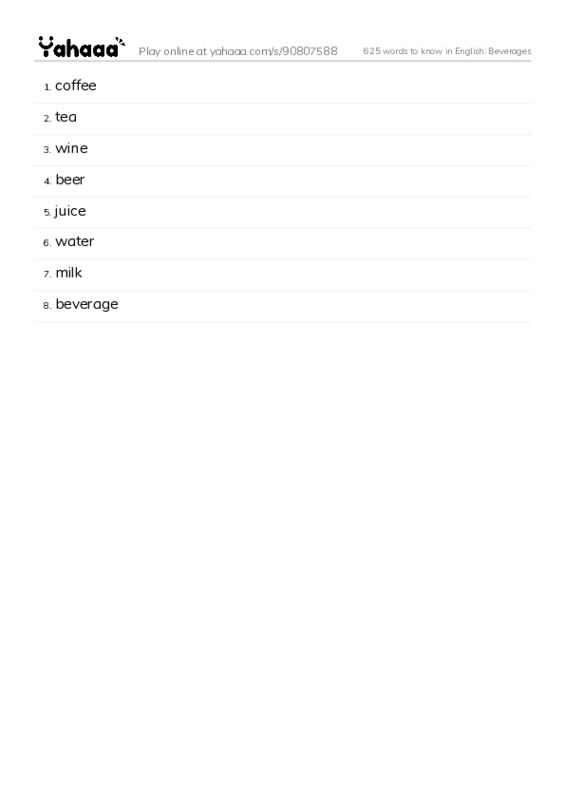 625 words to know in English: Beverages PDF words glossary