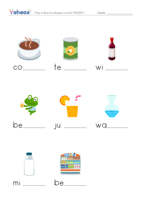 625 words to know in English: Beverages PDF worksheet to fill in words gaps