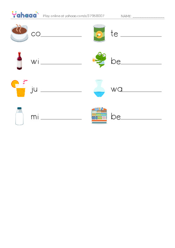 625 words to know in English: Beverages PDF worksheet writing row