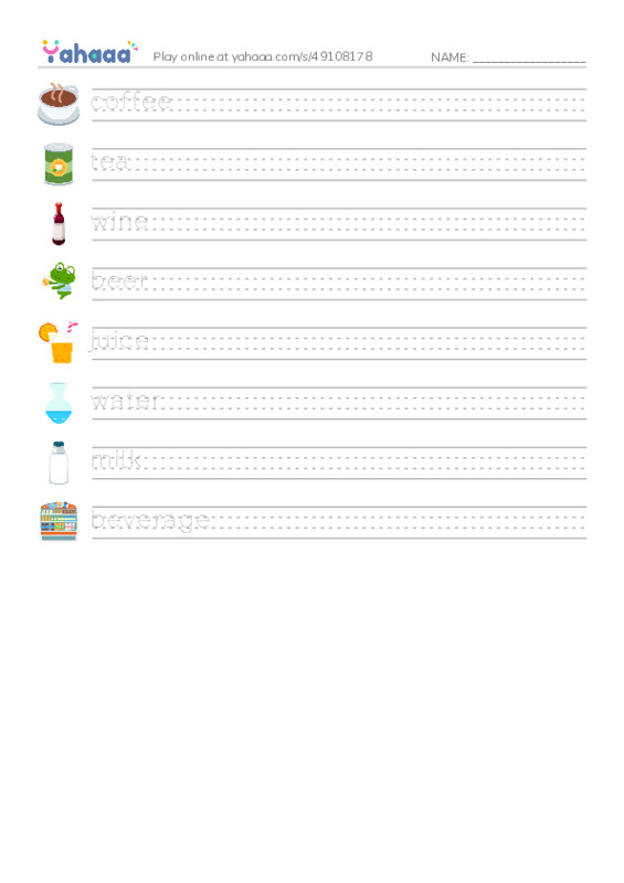 625 words to know in English: Beverages PDF write between the lines worksheet