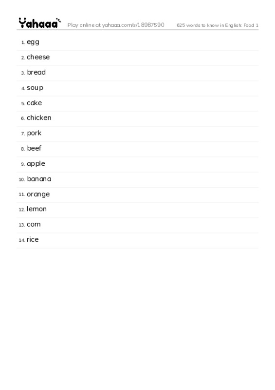 625 words to know in English: Food 1 PDF words glossary