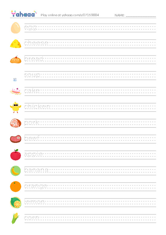 625 words to know in English: Food 1 PDF write between the lines worksheet